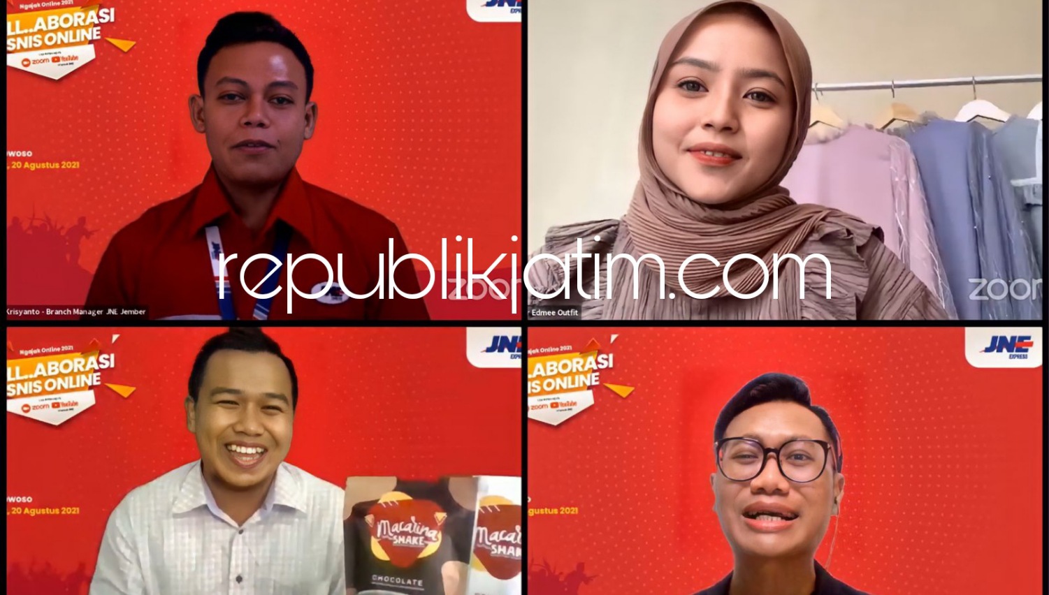 PAPARAN - Para narasumber JNE Bondowoso Webinar Gol memaparkan sejumlah materi soal pengembangan bisnis UMKM kepada para peserta, Jumat (20/08/2021). 