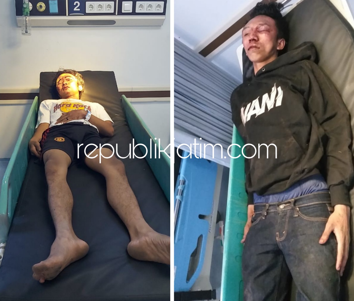 BABAK BELUR - Dua tersangka perampasan HP, Muzakki (35) dan Usman (28) warga Surabaya babak belur usai dihajar massal warga Sawotratap dirawat di rumah sakit untuk mendapatkan pertolongan tim medis, Kamis (26/08/2021) malam.