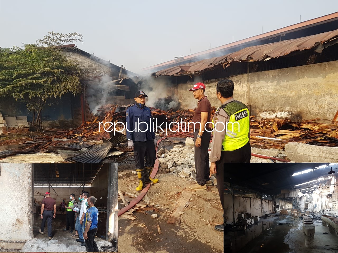 LUDES - Kapolsek Porong Kompol Adrial (topi merah) saat mengecek lokasi kebakaran di gudang workshop Lapas Klas 1 Surabaya, di Porong, Sidoarjo, Minggu (02/09/2018).