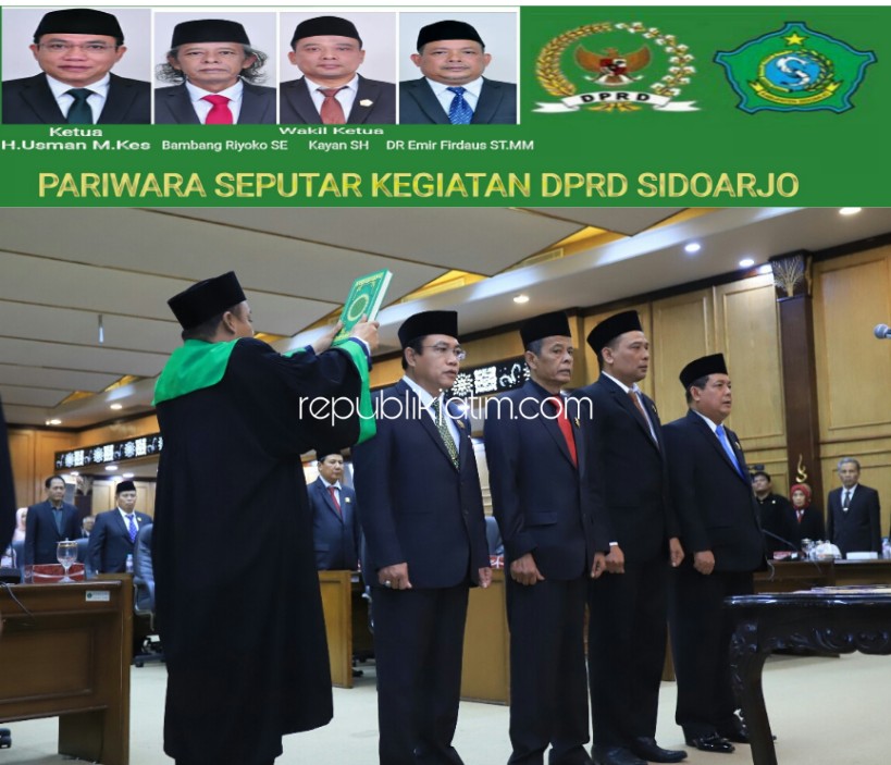 SUMPAH - Empat pimpinan DPRD Sidoarjo melaksanakan sumpah jabatan yang dipimpin Ketua Pengadilan Negeri Sidoarjo, Dr Yapi di ruang Sidang Paripurna DPRD Sidoarjo, Jumat (20/09/2019).