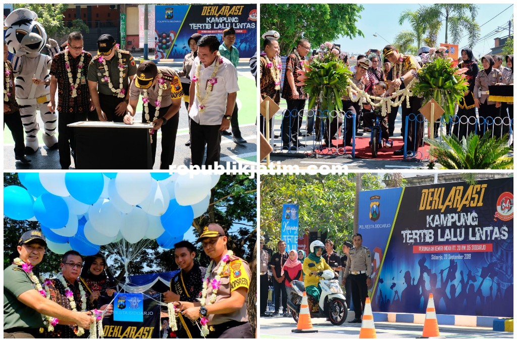 DEKLARASI - Kapolresta Sidoarjo, Kombes Pol Zain Dwi Nugroho menandatagani deklarasi Kampung Tertib Lalu Lintas Perumahan Kemiri Indah RT 20, RW 05, Desa Kemiri, Kecamatan Sidoarjo bersama Forkopimda, Jumat (20/09/2019).