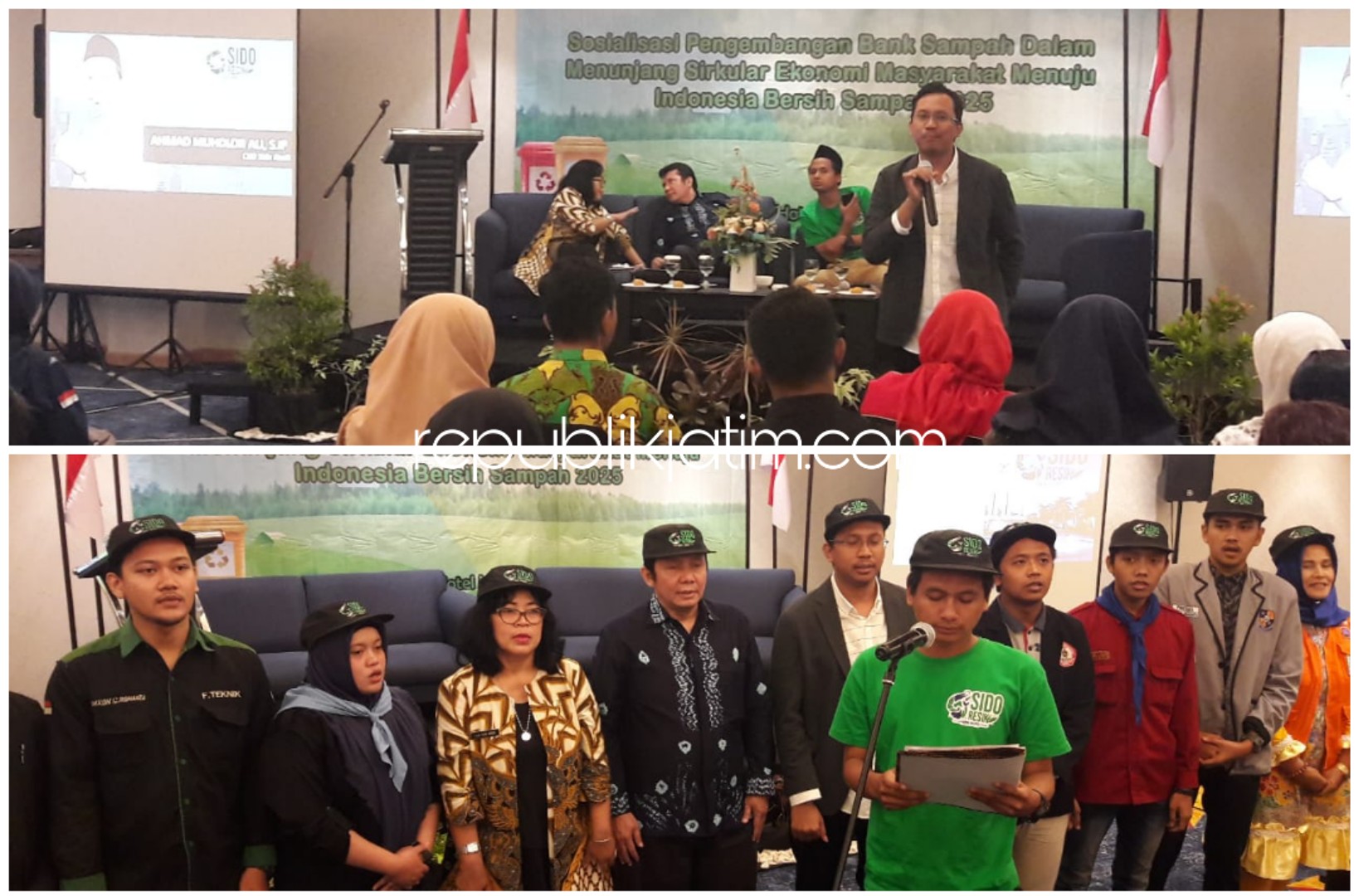 PENANGANAN SAMPAH - CEO Sido Resik, Ahmad Muhdlor Ali memberikan paparan soal penanganan sampah melalui gerakan sosial kepada komunitas dan pegiat sampah se Sidoarjo di Luminor Hotel, Kamis (26/09/2019). Insert foto deklarasi.