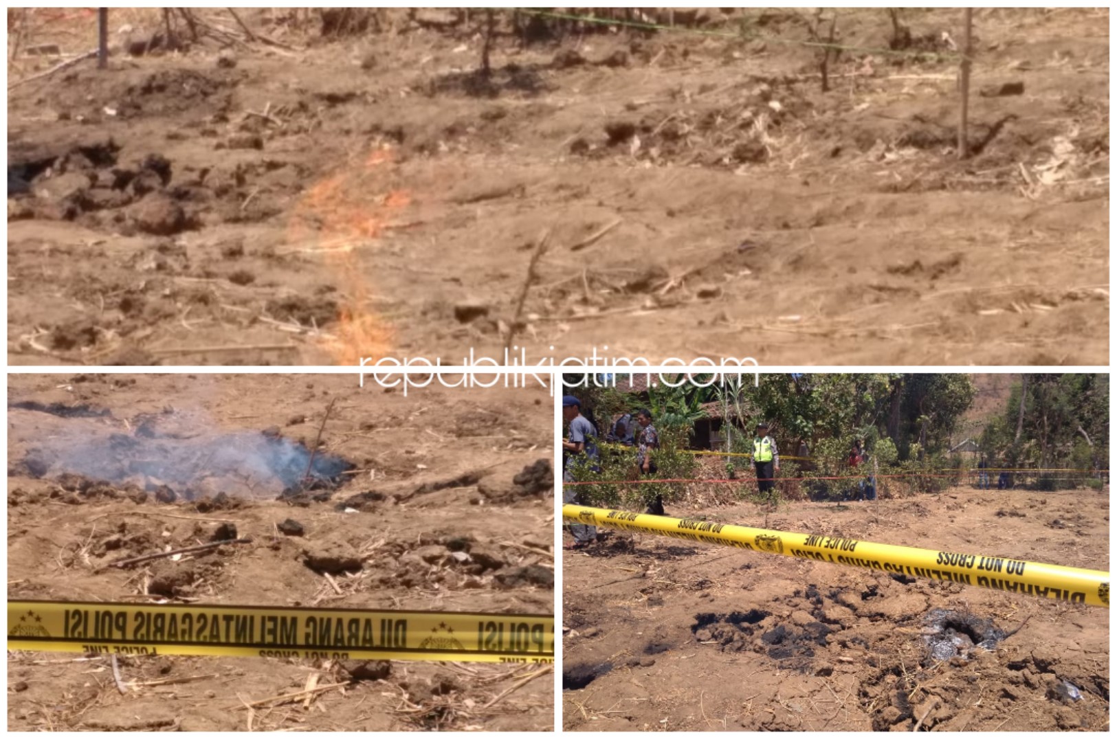 POLICE LINE - Anggota Polsek Bungkal memasang police line di ladang milik Ny Natun warga Dusun Ringinsurup, Desa Kupuk, Kecamatan Bungkal, Ponorogo, Kamis (26/09/2019).