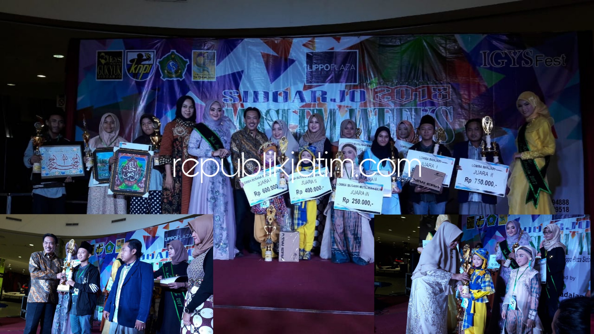 SERAHKAN - Wabup Sidoarjo, Nur Ahmad Syaifuddin menyerahkan hadiah dan tropi kepada pemenang lomba Al Banjari yang digelar sebagai Pra Guk dan Yuk (Muslim Muslimah) di Atrium Lippo Plaza Sidoarjo bertema Sidoarjo 2018 Moslem Weeks, Minggu (30/09/2018).