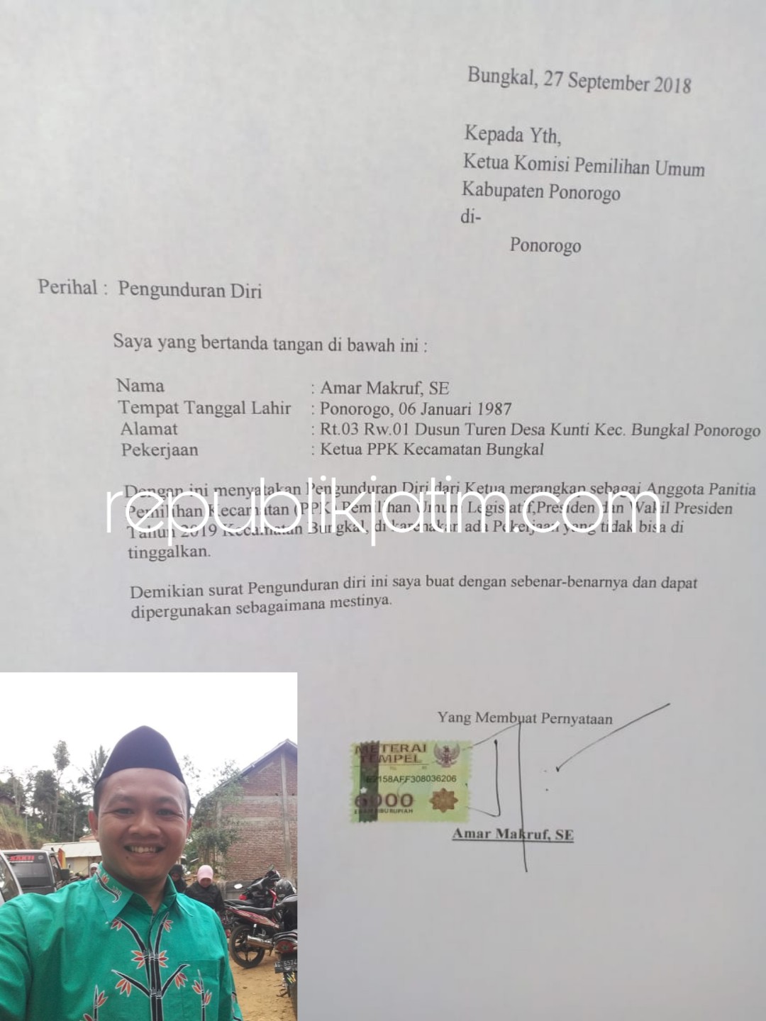 MUNDUR - Ketua Panitia Pemilihan Kecamatan (PPK) Bungkal, Amar Makruf mengundurkan diri dari jabatanya sebagai Ketua Penyelenggara Pemilu 2019 tingkat kecamatan melalui surat resmi pengunduran dirinya, Selasa (02/10/2018).