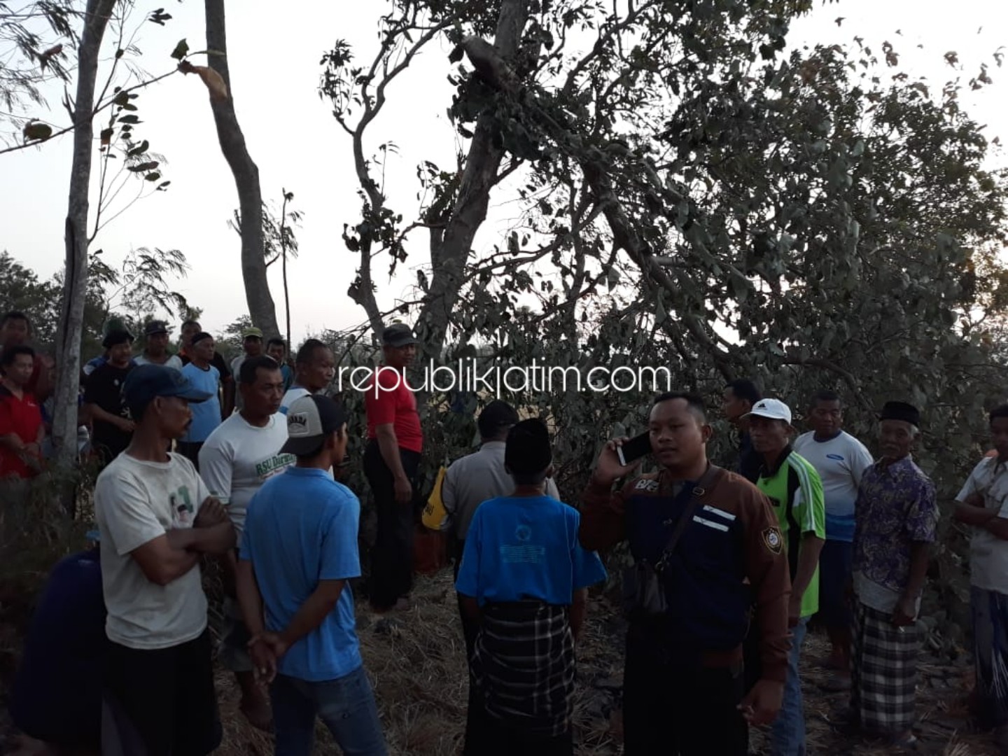 TKP - Sejumlah anggota polisi dan warga mendatangi TKP tewasnya, Senin (56) warga Dusun Beji, Desa Polorejo, Kecamatan Babadan, Ponorogo yang tewas saat menabang batang pohon di area persawahan miliknya, Rabu (02/10/2019) petang.