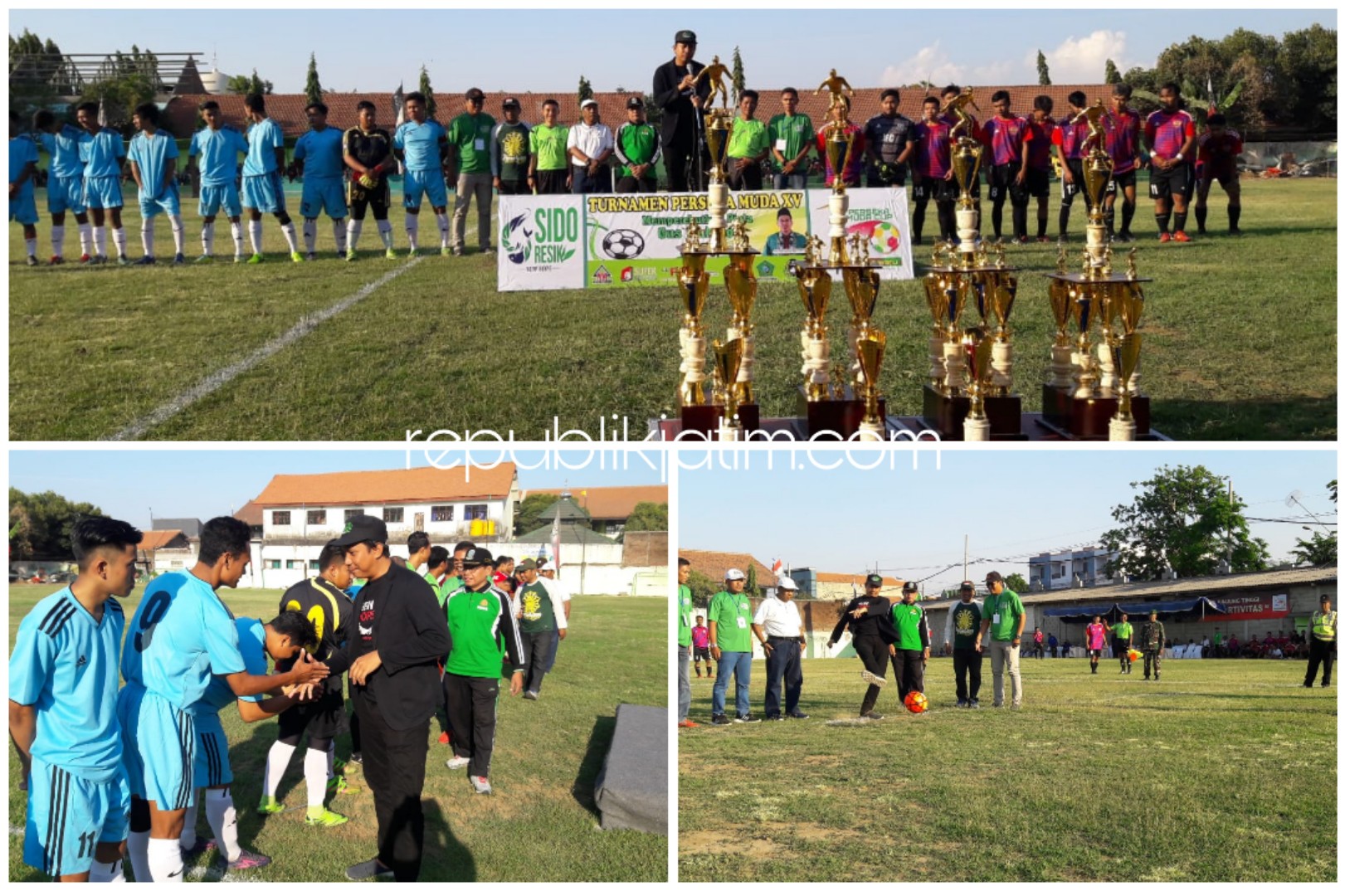 PEMBUKAAN - CEO Sido Resik, Ahmad Muhdlor Ali didampingi Kades Kepuhkiriman, Kecamatan Waru, Sidoarjo, Sarengat membuka acara Turnamen Perseka Muda XV di Lapangan SSB Perseka Muda, Minggu (13/10/2019).