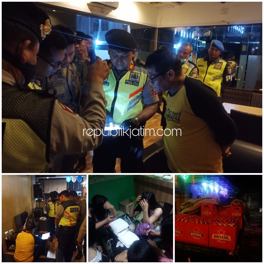 RAZIA - Puluhan petugas gabungan menggelar razia ke sejumlah tempat hiburan malam dan karaoke yang ada di Sidoarjo menjelang pelantikan Presiden dan Wakil Presiden, Sabtu (12/10/2019) malam.