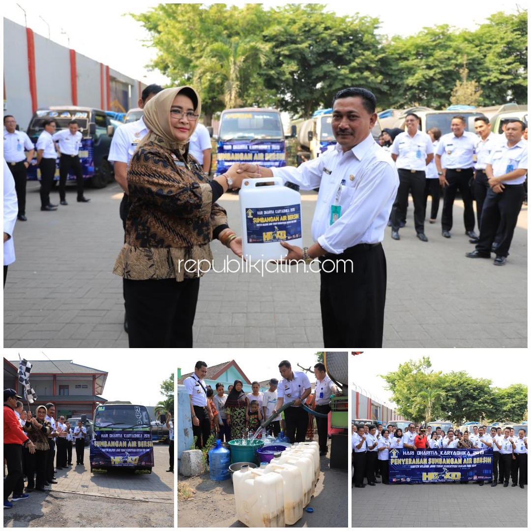 AIR BERSIH - Kepala Kanwil Kemenkumham Jatim, Susy Susilawati menyalurkan bantuan air bersih untuk warga yang membutuhkan seperti 10 tangki untuk Desa Kebonagung, Kecamatan Porong, Sidoarjo yang berdekatan dengan Lapas Kelas I Surabaya, Rabu (16/10/2019).
