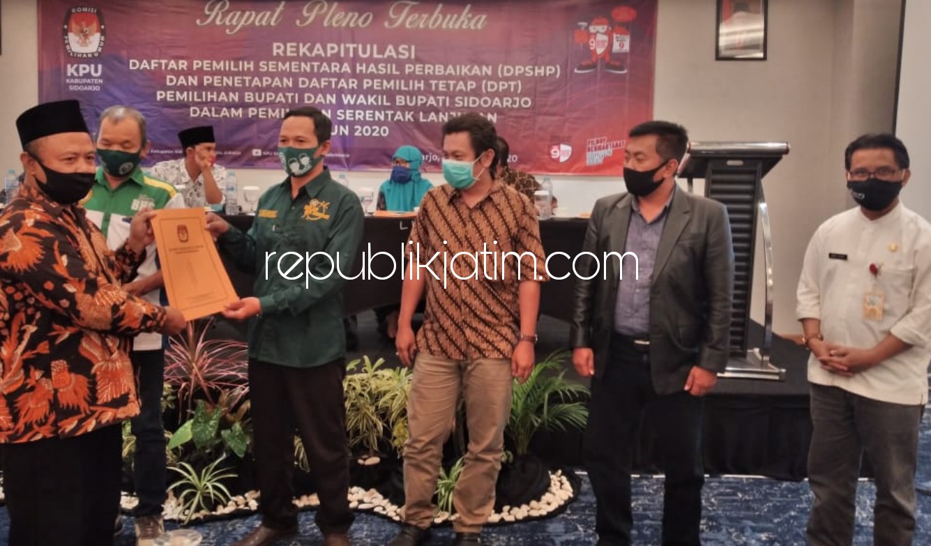 TETAPKAN - KPU Sidoarjo menetapkan Daftar Pemilih Tetap (DPT) 1.404.887 pemilih dalam Pilkada Sidoarjo 9 Desember 2020 mendatang di Hotel Luminor, Sidoarjo, Jumat (16/10/2020) sore.