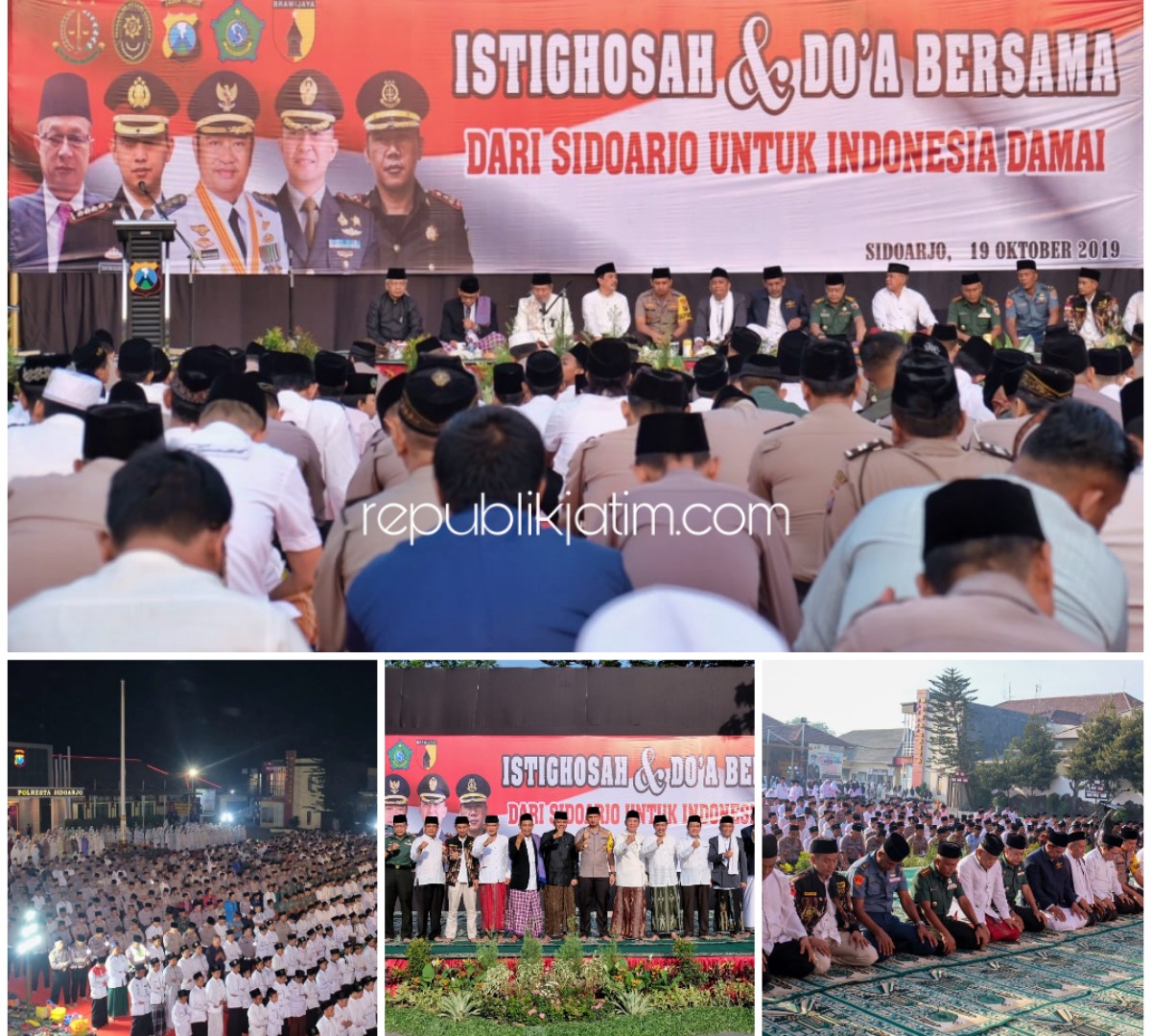 DOA BERSAMA - Ribuan warga Sidoarjo mengikuti acara doa bersama dan istighotsah menjelang pelantikan Presiden dan Wapres RI di halaman Polresta Sidoarjo, Sabtu (19/10/2019).
