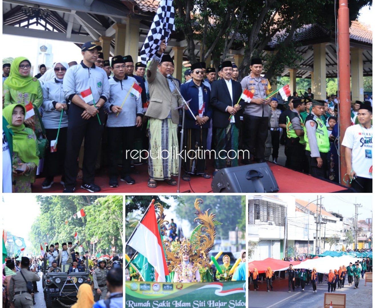 PAWAI - Bupati Sidoarjo, Saiful Ilah selain memberangkatkan peserta Pawai Santri Nusantara juga menjadi peserta bersama Forkopimda dengan naik mobil Jeep tua, Minggu (20/10/2019).