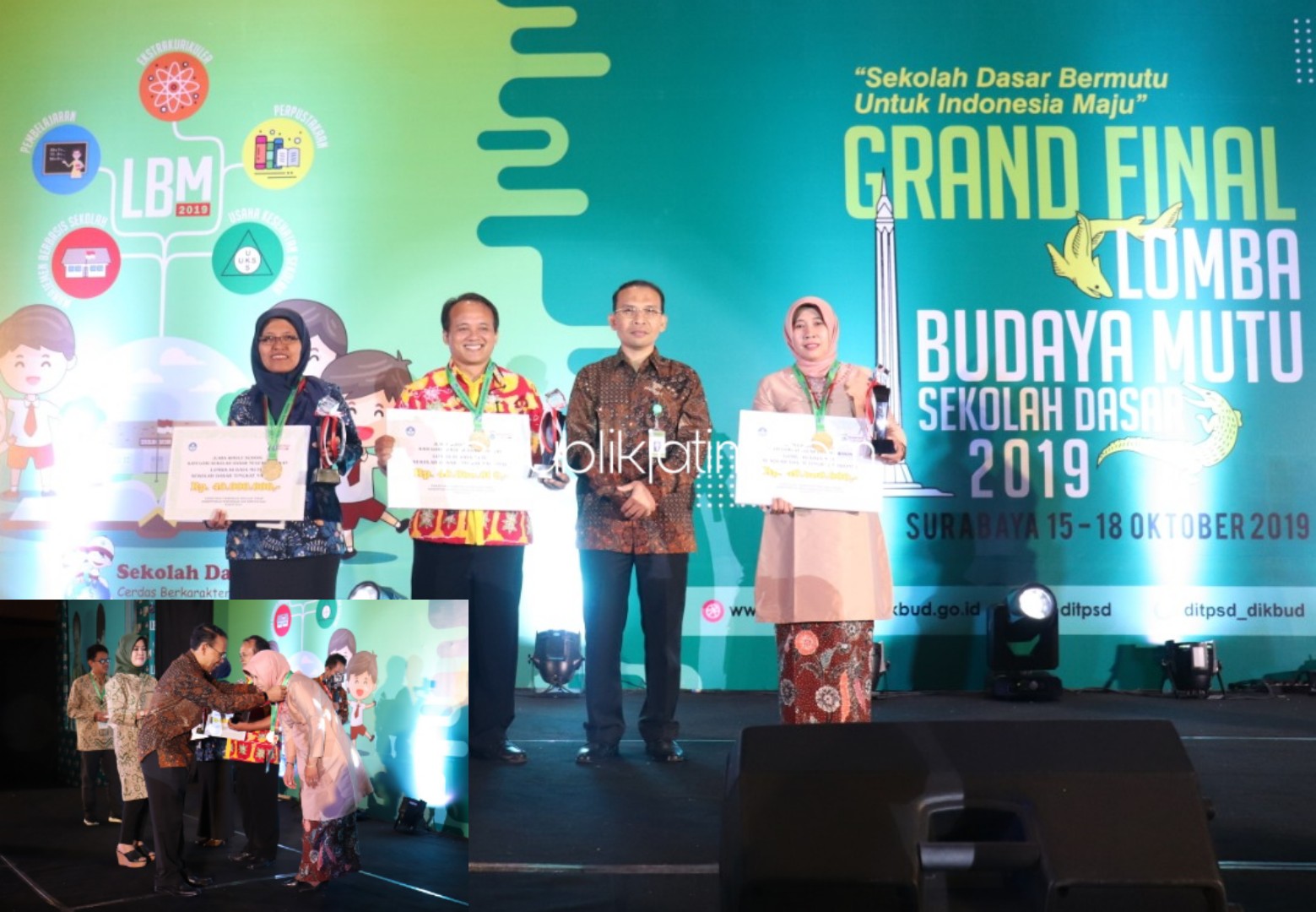 PENGHARGAAN - SD Al Muslim Sidoarjo menjadi juara umum atau Whole School (menyeluruh) dalam Lomba Budaya Mutu Sekolah Dasar tingkat Nasional 2019 yang digelar di Hotel Mercure Grand Mirama Surabaya, Jumat (18/10/2019).