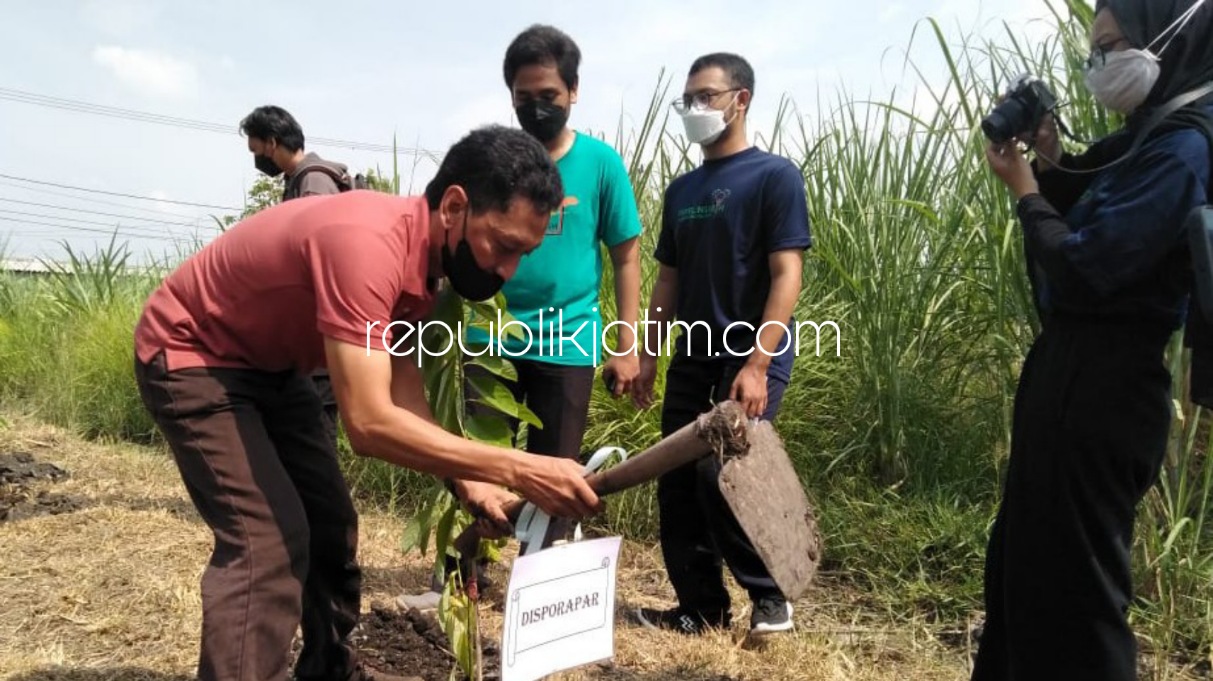 TANAM - Sekretaris Disporapar Pemkab Sidoarjo, Martha didampingi Ketua Pelaksana Kegiatan Pepelingasih, Andra Pratama secara simbolis menanam bibit seribu pohon di Desa Terungwetan, Kecamatan Krian, Sidoarjo, Minggu (24/10/2021).