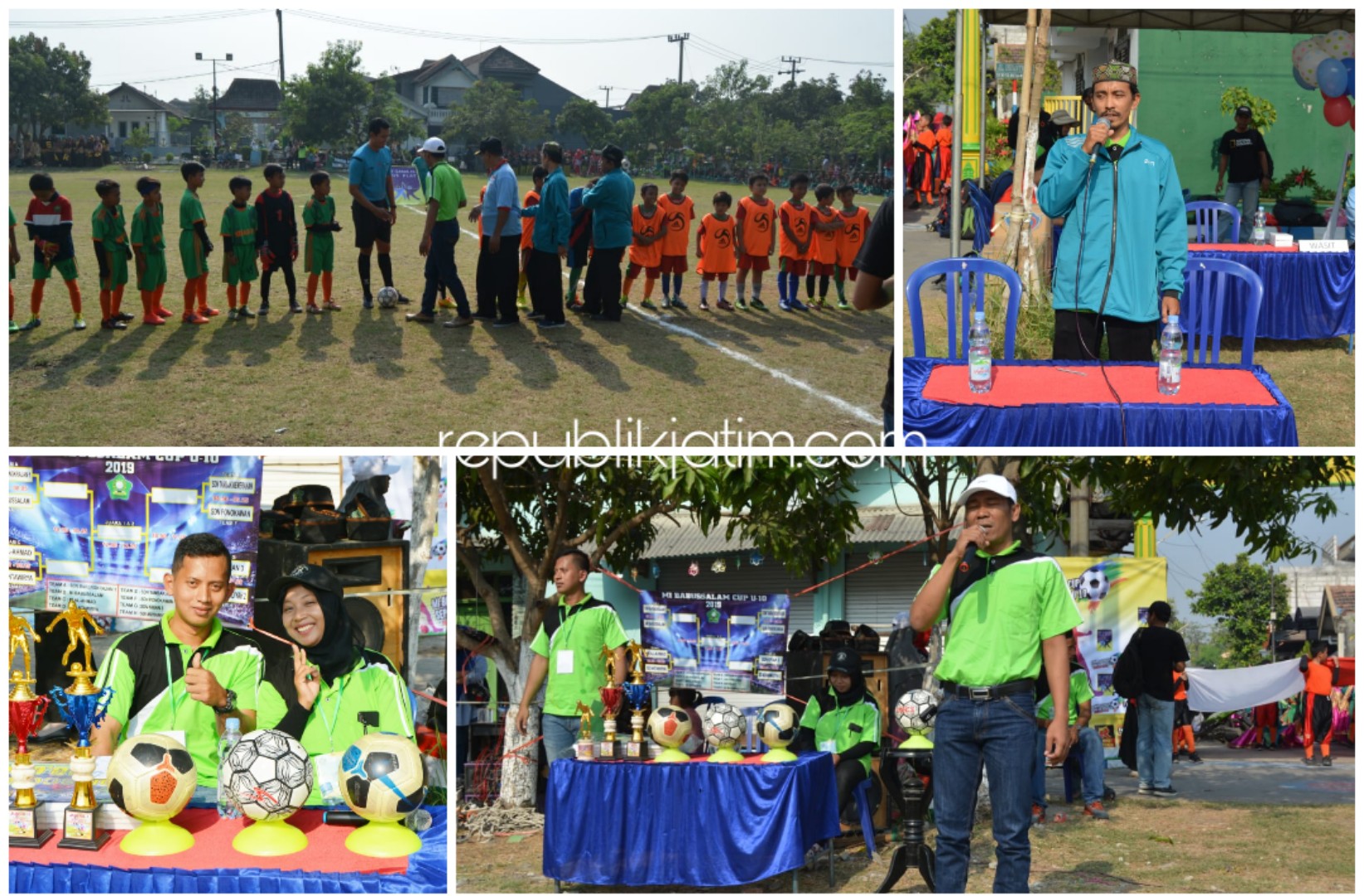 BERLAGA - Sebanyak 8 klub sepak bola U-10 berlaga dalam Turnamen Sepakbola U-10 dalam memperingati Hari Santri MI Babussalam Cup Tahun 2019 di Lapangan Desa Barengkrajan, Kecamatan Krian, Sidoarjo, Sabtu (26/10/2019).