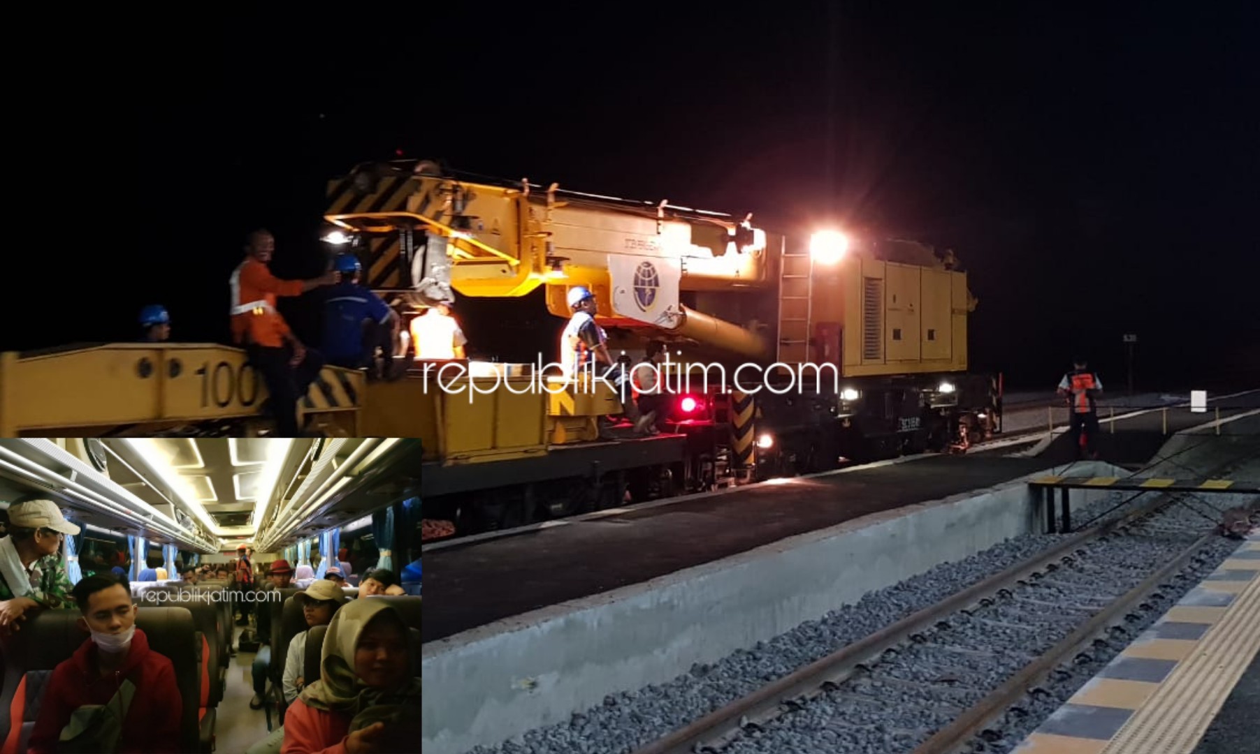 DIALIHKAN - Para penumpang KA Wijaya Kusuma Jurusan Surabaya - Cirebon akhirnya dievakuasi naik bus hingga tujuan kantaran KA yang mereka tumpangi anjlok di Stasiun Barat, Magetan, Rabu (06/11/2019) dini hari.