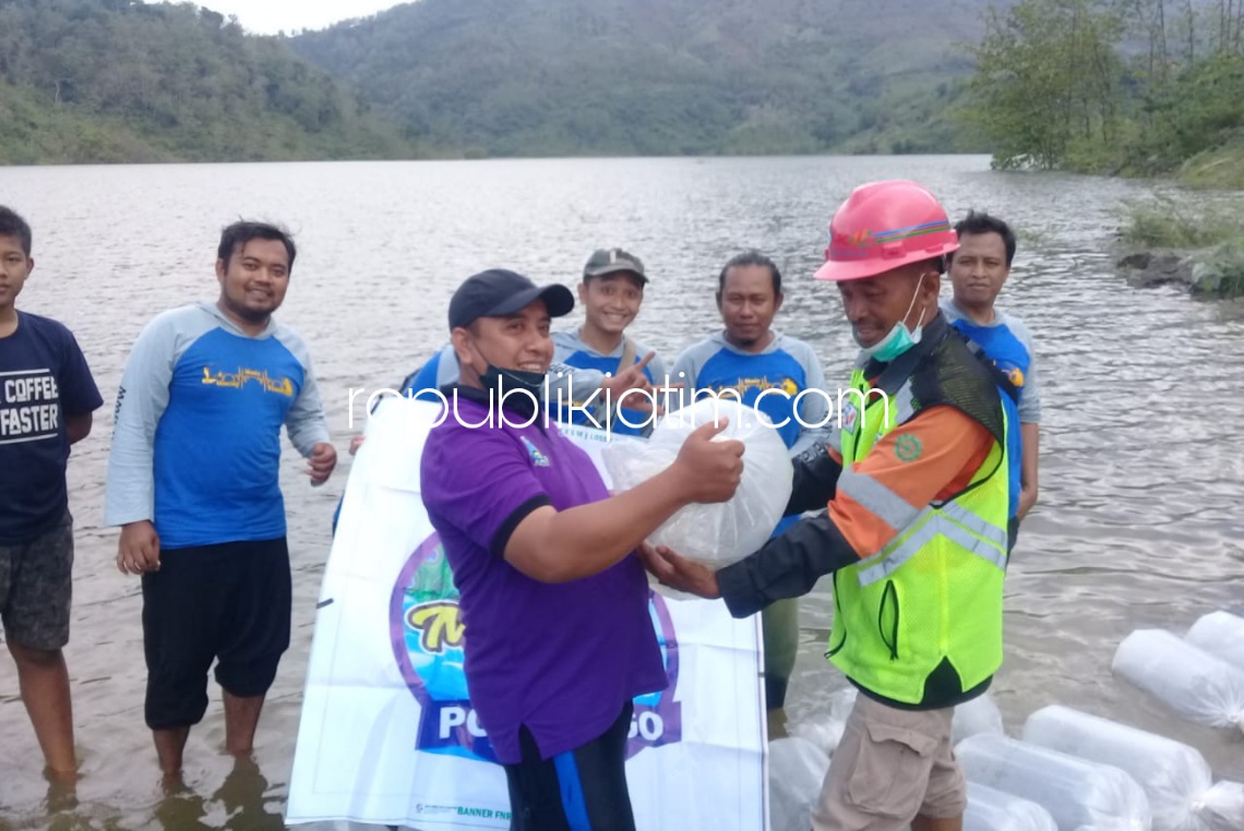 TABUR - Komunitas Mancing Mania Ponorogo (MMP) didampingi Dwi Sumarno saat melepas puluhan ribu benih ikan tawas, gurami dan nila di Bendungan Bendo, Desa Ngindeng, Kecamatan Sawoo, Ponorogo, Sabtu (06/11/2021). 