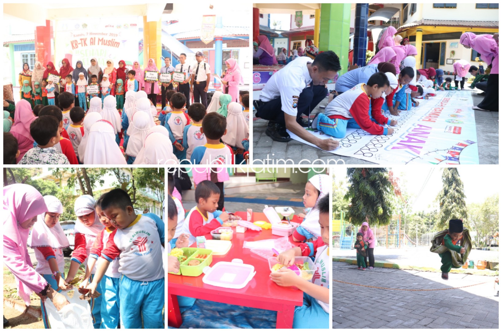 LUAR KELAS - Para siswa dan siswi KB dan TK Al Muslim JL Raya Wadungasri, Kecamatan Waru, Sidoarjo belajar diluar kelas untuk memperingati Hari Anak Internasional (HAI), Kamis (07/11/2019).