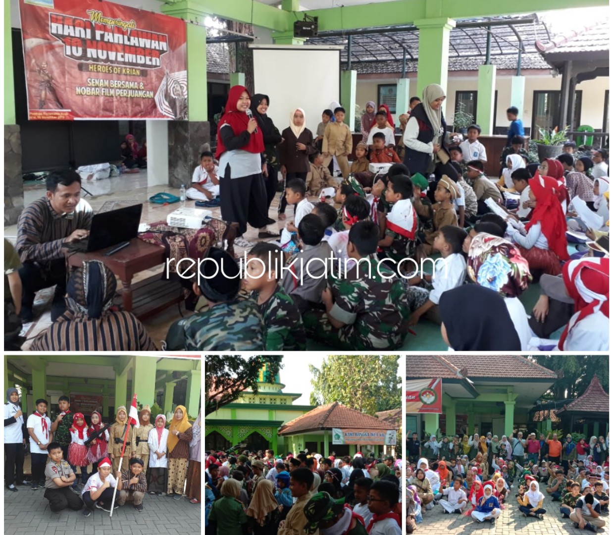 NOBAR - Ratusan siswa dan siswi SD Muhammadiyah I Krian beserta dewan guru menggelar acara Nobar di Kecamatan Krian dalam rangka memperingati Hari Pahlawan dan Maulid Nabi Muhammad SAW, Jumat (08/11/2019).