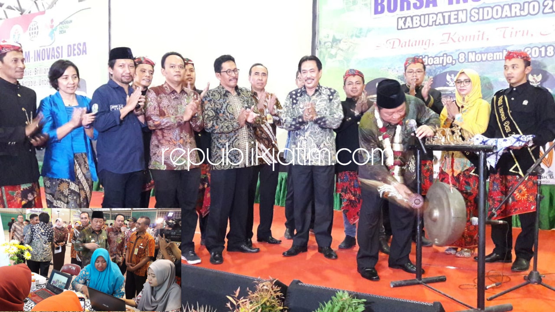 BUKA - Bupati Sidoarjo, Saiful Ilah membuka acara pameran Program Inovasi Desa (PID) di lapangan Indoor Tenis GOR Sidoarjo dengan memukul gong, Kamis (08/11/2018).
