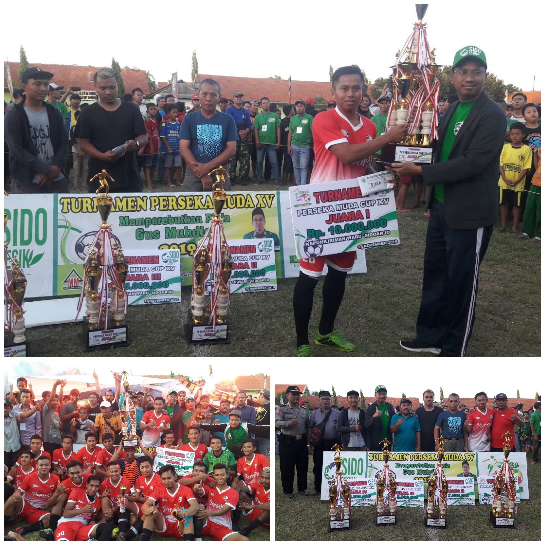 TROPI - CEO Sido Resik, Ahmad Muhdlor Ali menyerahkan tropi dan hadiah utama untuk Persetro, Tropodo, Kecamatan Waru, Sidoarjo yang menjadi juara I Turnamen Piala Gus Muhdlor di lapangan Kepuhkiriman, Kecamatan Waru, Sidoarjo, Minggu (17/11/2019) petang.