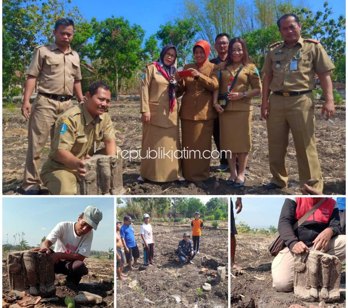 ARCA - Warga gemparkan penemuan potongan arca di persawahan milik Mirah warga Dusun Puthuk, Desa Sawuh, Kecamatan Siman, Ponorogo, Selasa (26/11/2019).