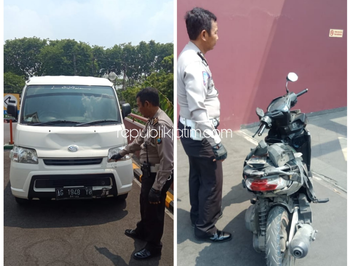 BARANG BUKTI - Petugas lantas mengamankan barang bukti kecelakaan berupa motor dan mobil di JL Raya Semambung, Kecamatan Dagangan, Sidoarjo, Selasa (26/11/2019).