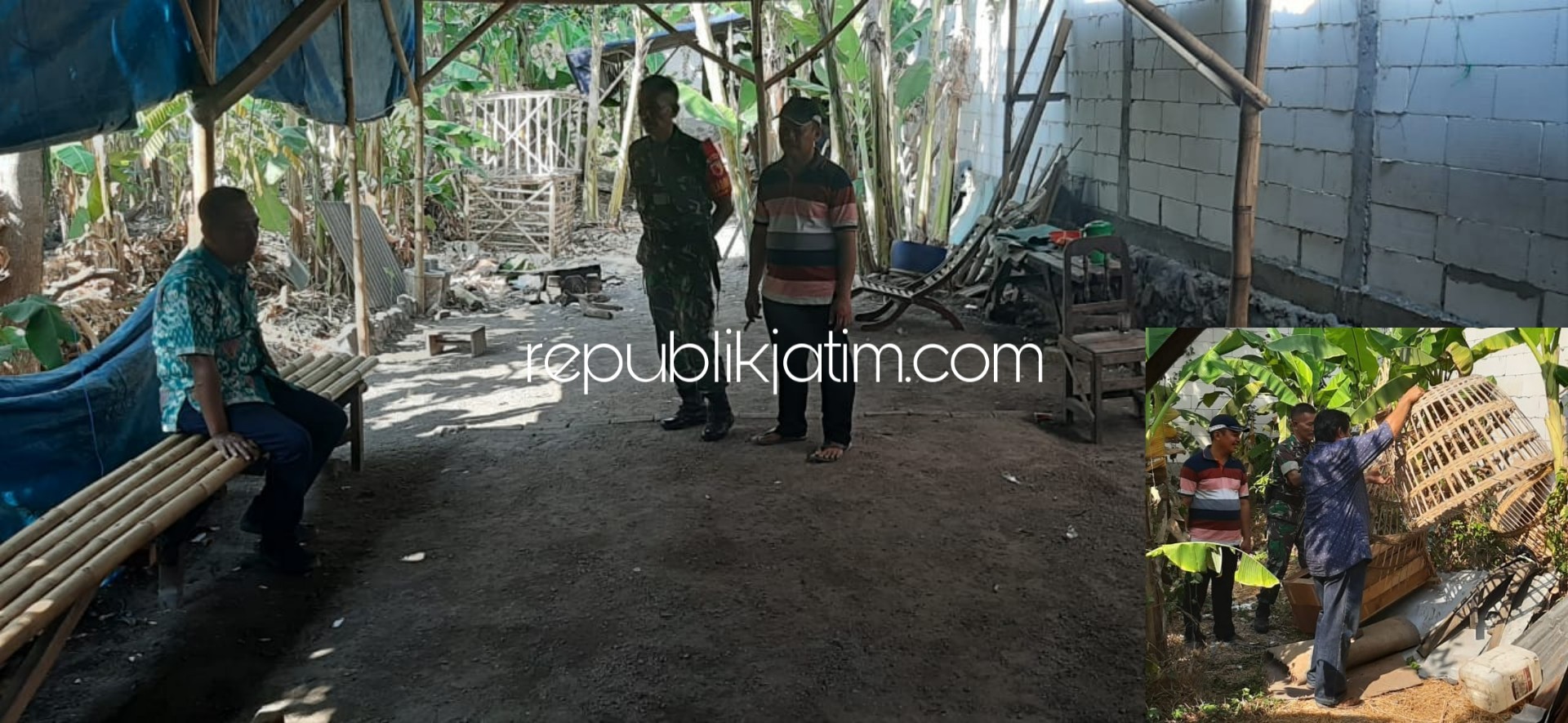 BONGKAR - Sejumlah anggota Polsek dan Koramil Gedangan membongkar arena judi sabung ayam di Desa Karangbong, Kecamatan Gedangan, Sidoarjo, Jumat (29/11/2019) sore.