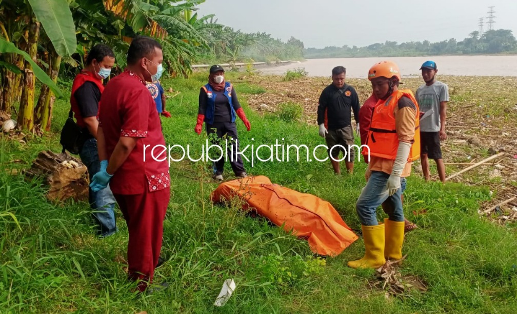 EVAKUASI - Sejumlah petugas mengevakuasi jenazah pria misterius dari pinggir Sungai Brantas Timur Rolak 9, Desa Mliriprowo, Kecamatan Tarik, Sidoarjo, Kamis (02/12/2021). 