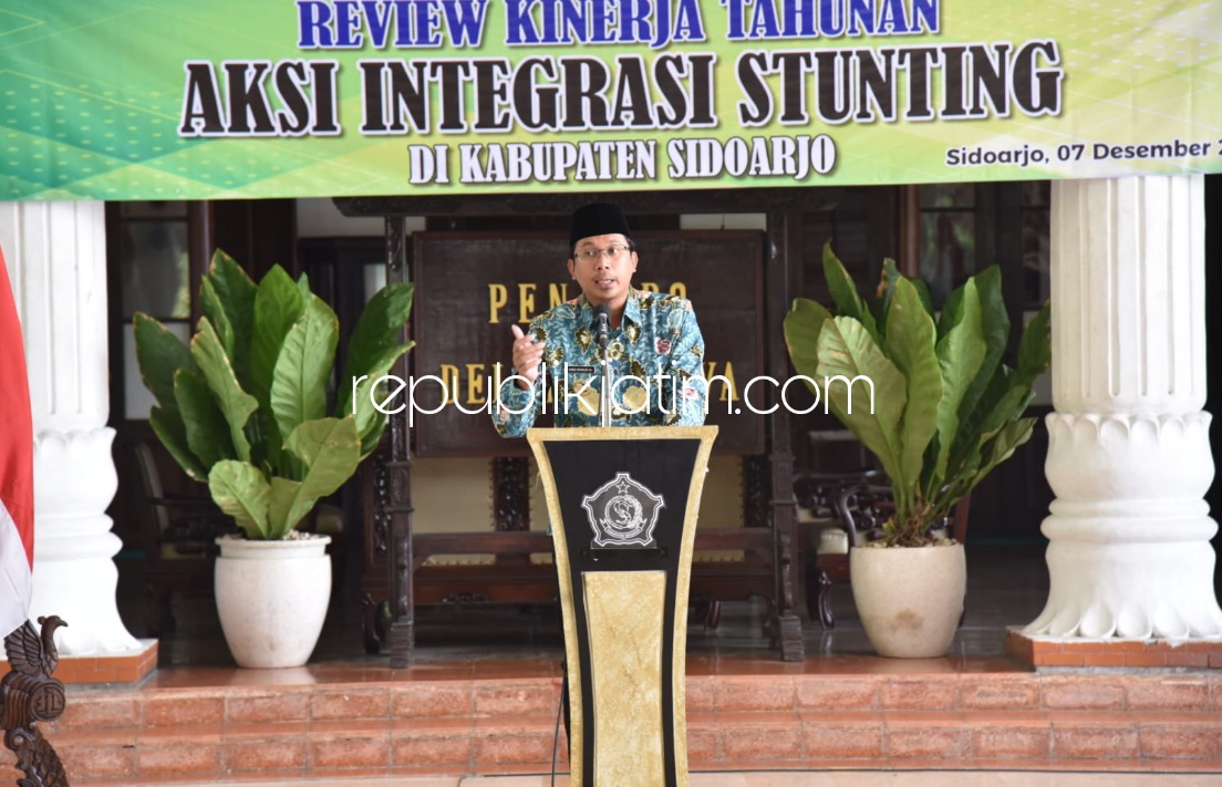 PAPARAN - Bupati Sidoarjo, Ahmad Muhdlor Ali (Gus Muhdlor) saat memaparkan program penurunan angka stunting di Sidoarjo di Pendopo Delta Wibawa beberapa pekan lalu. 