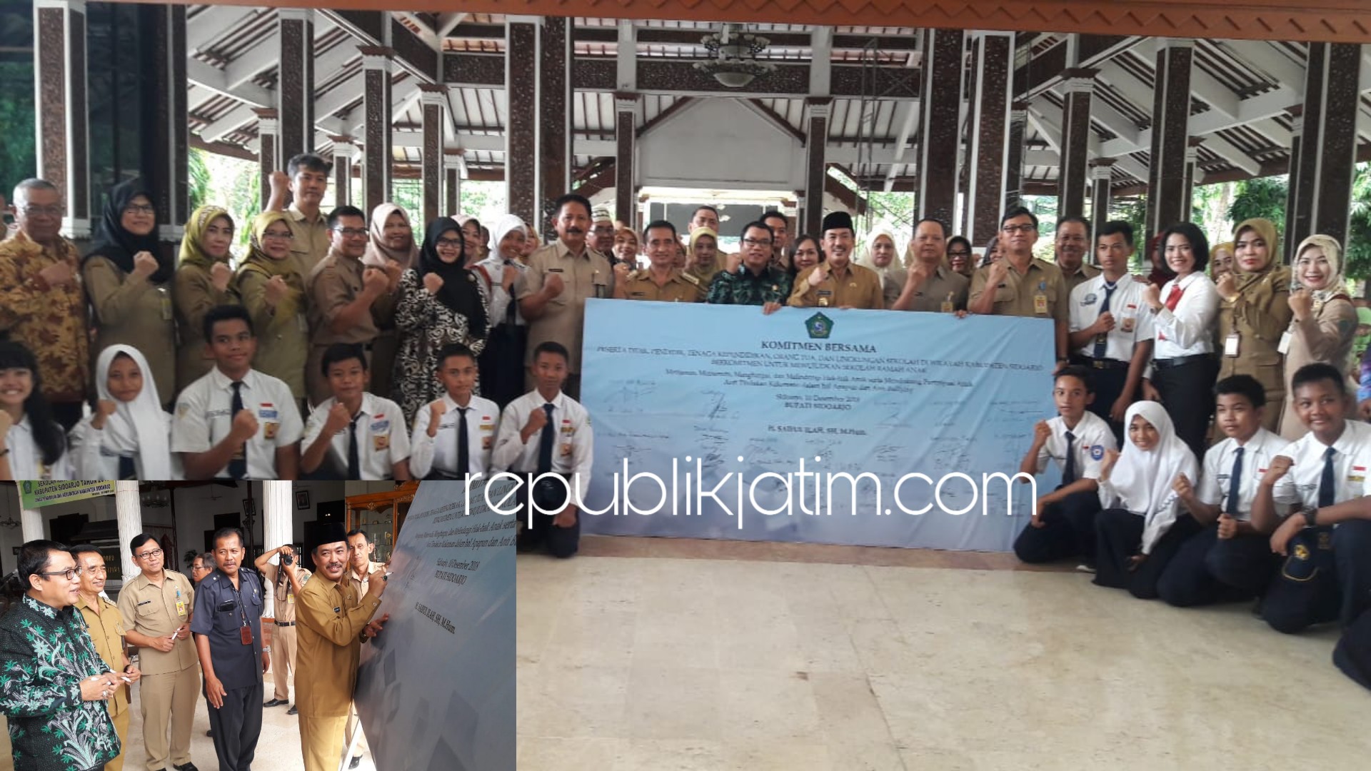 TANDA TANGAN - Wabup Sidoarjo, Nur Ahmad Syaifuddin menandatangani komitmen bersama Sekolah Ramah Anak (SRA) Sidoarjo Tahun 2018 di Pendopo Delta Wibawa, Senin (10/12/2018).