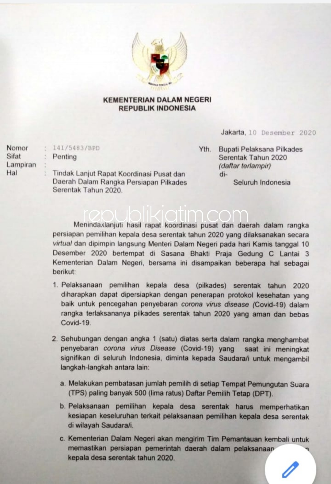 SURAT MENDAGRI - Adanya surat Menteri Dalam Negeri (Mendagri) membuat Dinas Pemberdayaan Masyarakat Desa (PMD) Pemkab Sidoarjo memastikan pelaksanaan Pilkades Serentak di 174 desa tetap digelar 20 Desember 2020 mendatang.