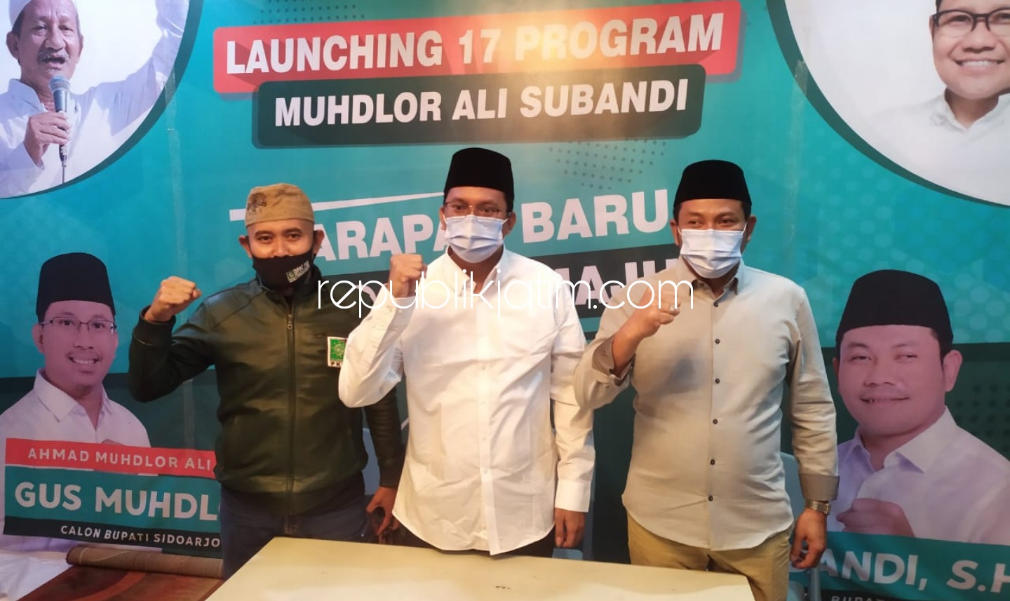 TARGET - Pemenang Pilkada Sidoarjo, Ahmad Muhdlor Ali dan Subandi (Gus Muhdlor - Subandi menargetkan 100 hari kerja membangun RSUD Barat dan Frontage Road (FR) saat konferensi pers di Posko Pemenangan Taman Pinang Indah (TPI) Sidoarjo, Kamis (17/12/2020).
