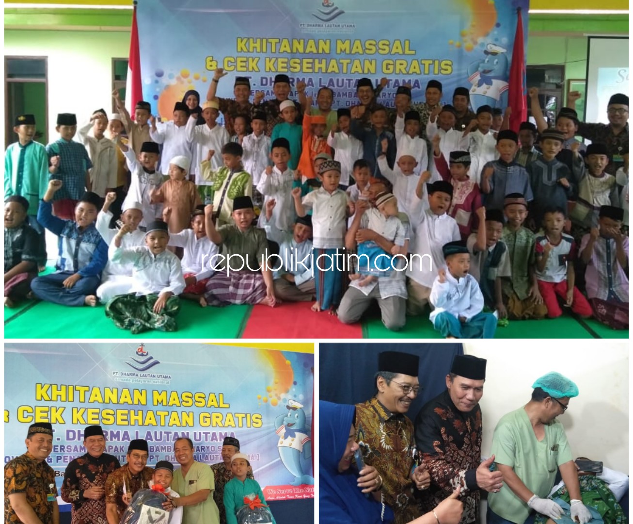 BAKSOS - Komisaris dan Direktur PT Dharma Lautan Utama, Ir Bambang Haryo Soekartono dan Erwin H Pujiono memberikan bantuan dan menyaksikan khitan massal dalam acara Baksos di Desa Karangbong, Kecamatan Gedangan, Sidoarjo, Sabtu (21/12/2019).