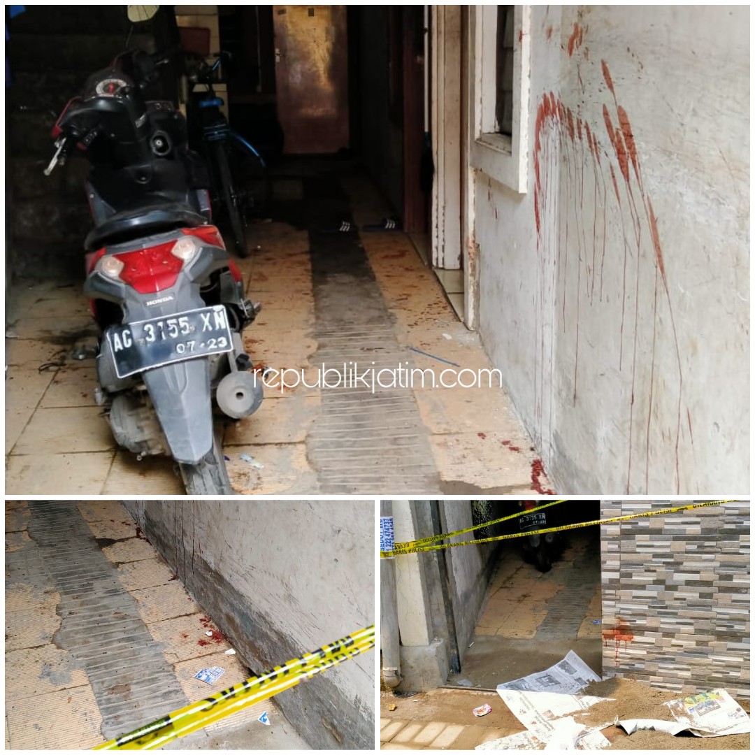 TKP - Sejumlah bercak darah tampak di lokasi kejadian pembacokan, Ahmad Haryanto (29) pekerjaan swasta warga Desa Kubang, Kecamatan Geger, Bangkalan di rumah kos Ngelom Megare, Kelurahan Ngelom, Kecamatan Taman, Sidoarjo, Sabtu (21/12/2019) dini hari.