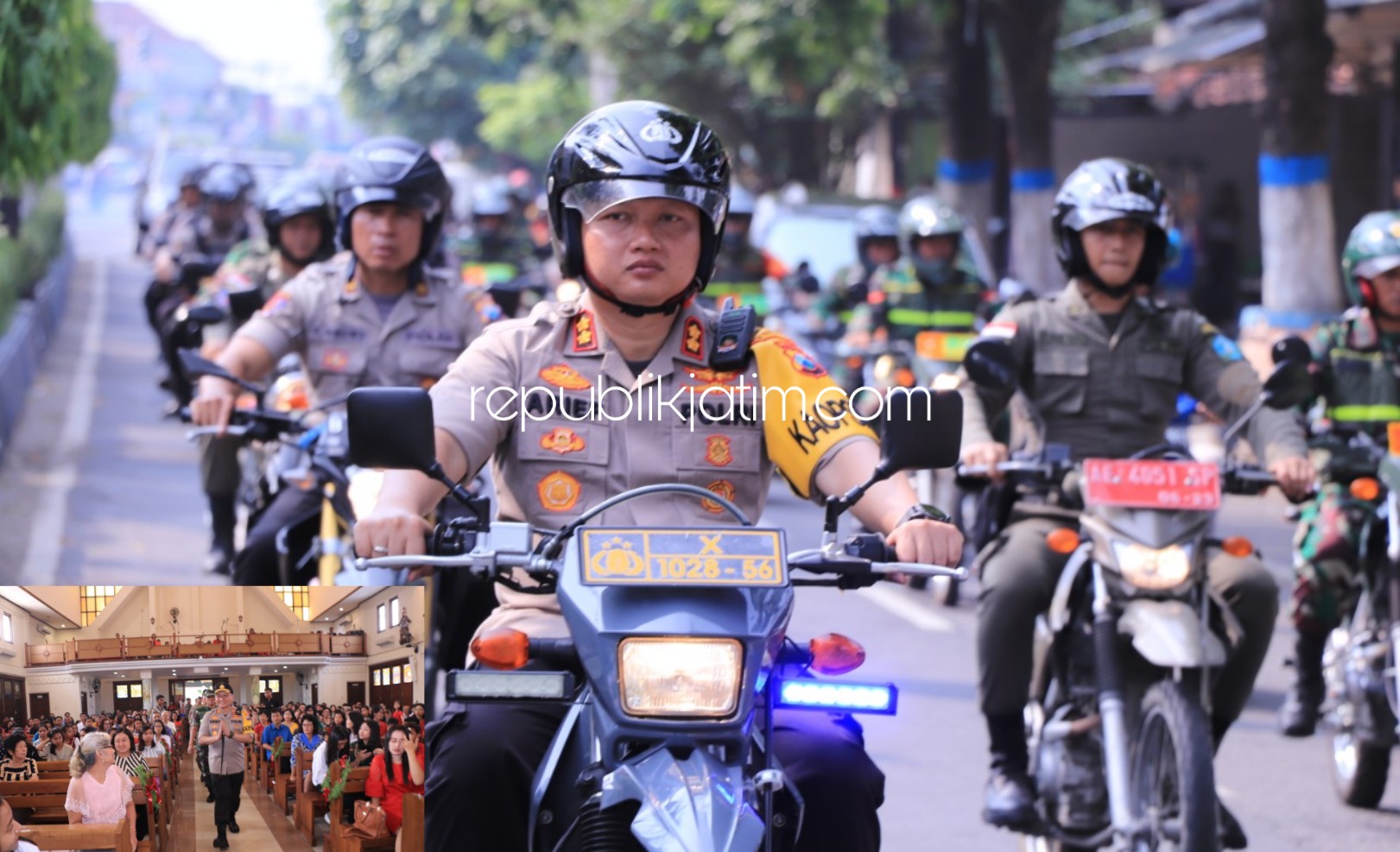 PATROLI GABUNGAN - Kapolres Ponorogo, AKBP Arief Fitrianto memimpin langsung patroli gabungan ke seluruh gereja di wilayah Ponorogo menggunakan sepeda motor, Rabu (25/12/2019).