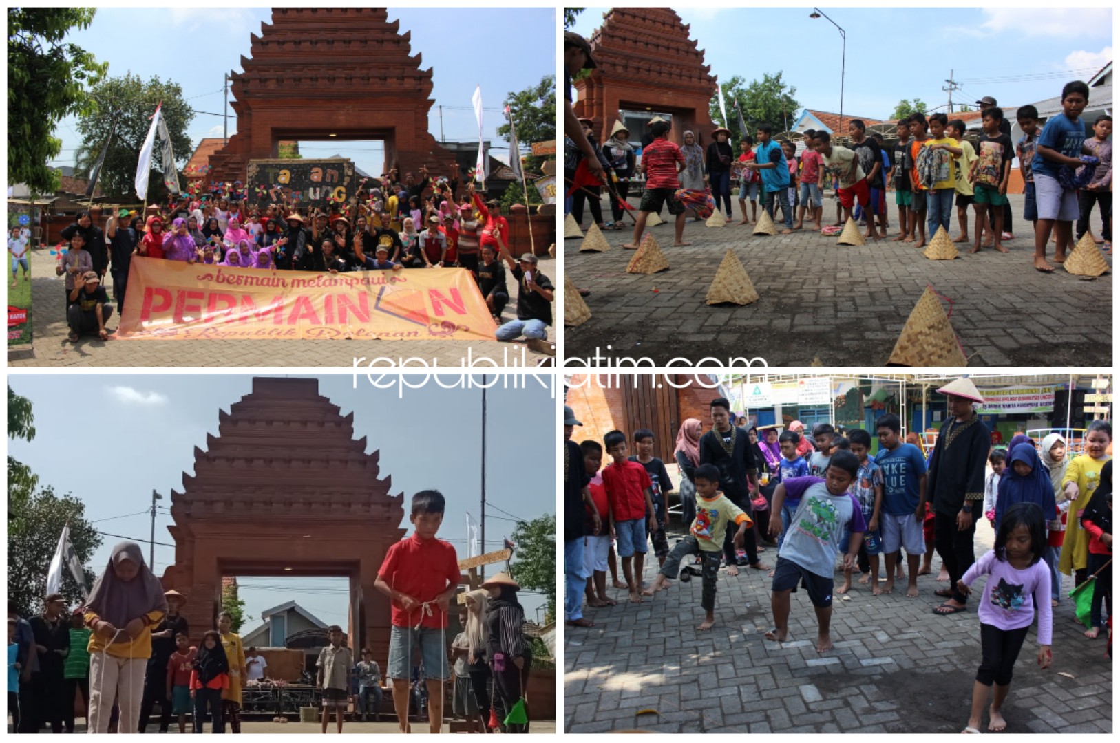 TRADISIONAL - Sejumlah permainan tradisional disuguhkan untuk ratusan anak warga Desa Kraton, Kecamatan Krian, Sidoarjo sebagai upaya menuju Taman Srawung sekaligus melupakan gadget di halaman balai desa setempat, Minggu (29/12/2019).