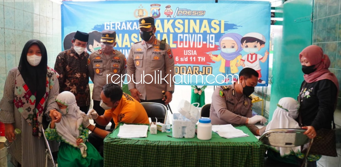 VAKSIN - Kapolresta Sidoarjo Kombes Pol Kusumo Wahyu Bintoro mengecek langsung ke Madrasah Ibtidaiyah (MI) NU Desa Ngingas, Kecamatan Waru, Sidoarjo untuk memantau Vaksinasi Merdeka Anak sejumlah 700 dosis, Kamis (14/01/2022).