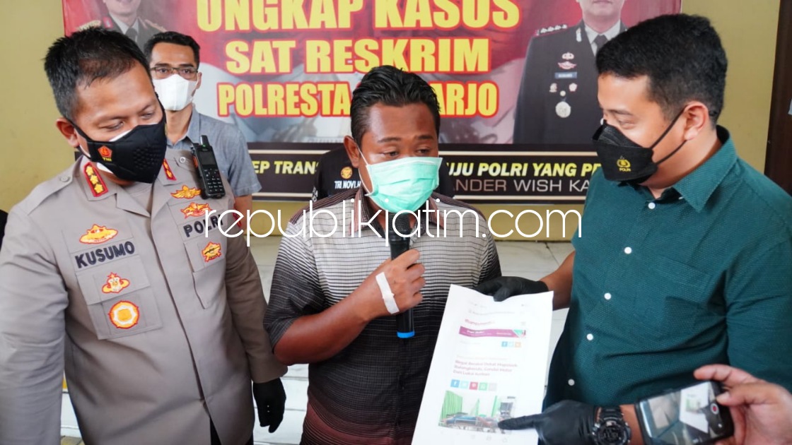 REKAYASA - Kapolresta Sidoarjo Kombes Pol Kusumo Wahyu Bintoro menginterogasi korban begal motor, Alex Yuli Hantoro yang membuat cerita begal ternyata hanya kedok agar tidak dimarahi istrinya, Selasa (18/01/2022). 