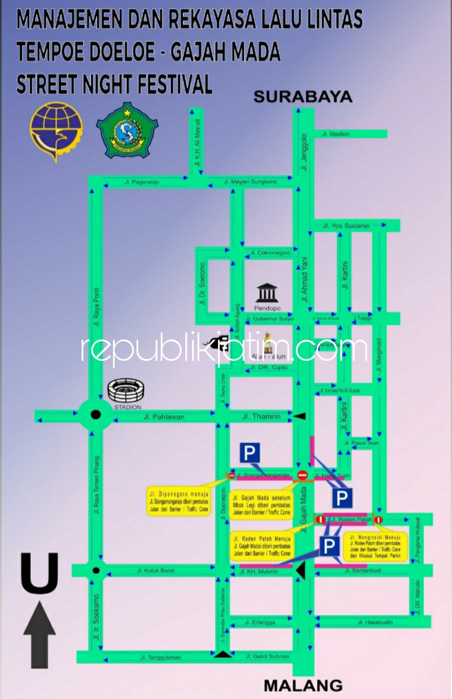 REKAYASA - Inilah rekayasa lalu lintas yang bakal dilaksanakan Dishub dan Satuan Lantas, Polresta Sidoarjo dalam menyambut pelaksanaan Gajah Mada Street Night Sidoarjo Tempo Doeloe.