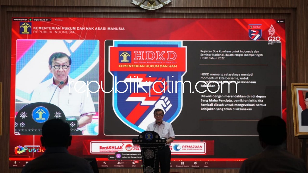 PERINGATAN - Menkumham RI, Yasonna H Laoly dalam Acara Doa Kumham untuk Indonesia yang dirangkai Seminar Nasional dalam rangka menyambut Hari Kementerian Hukum dan HAM ke 77, Senin (18/07/2022). 