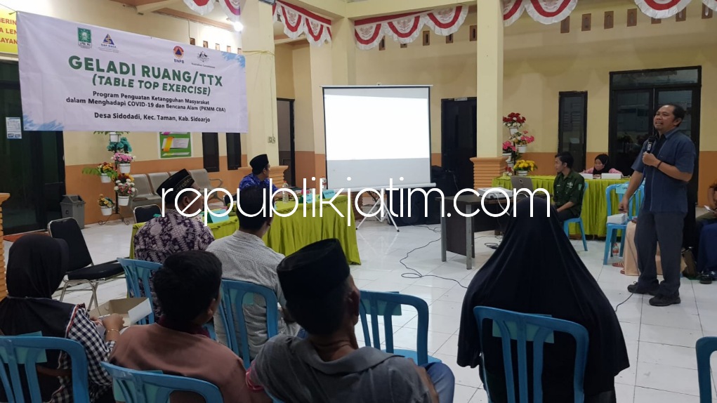 SOSIALISASI - LPBI NU bersama Badan Penanggulangan Bencana Daerah (BPBD) Pemkab Sidoarjo sosialisasi penanganan bencana alam di Desa Plumbungan (Sukodono) dan Desa Sidodadi (Taman), Sidoarjo, Senin (15/08/2022) malam.
