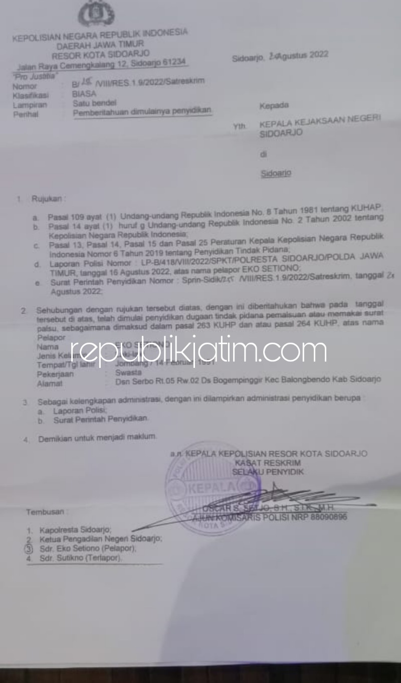 SPDP - Surat Pemberitahuan Dimulainya Penyidikan (SPDP) dari tim penyidik Satuan Reskrim, Polresta Sidoarjo telah dikirim ke Jaksa Penuntut Umum (JPU) Kejari Sidoarjo kemarin.