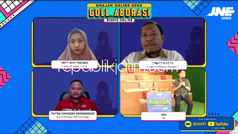 PAPARAN - Sejumlah Narasumber memberikan paparan soal pengembangan UMKM di Kota dan Kabupaten Probolinggo saat webinar JNE Ngajak Online 2022, Goll Aborasi Bisnis Online Kota Probolinggo, Selasa (06/09/2022) sore.