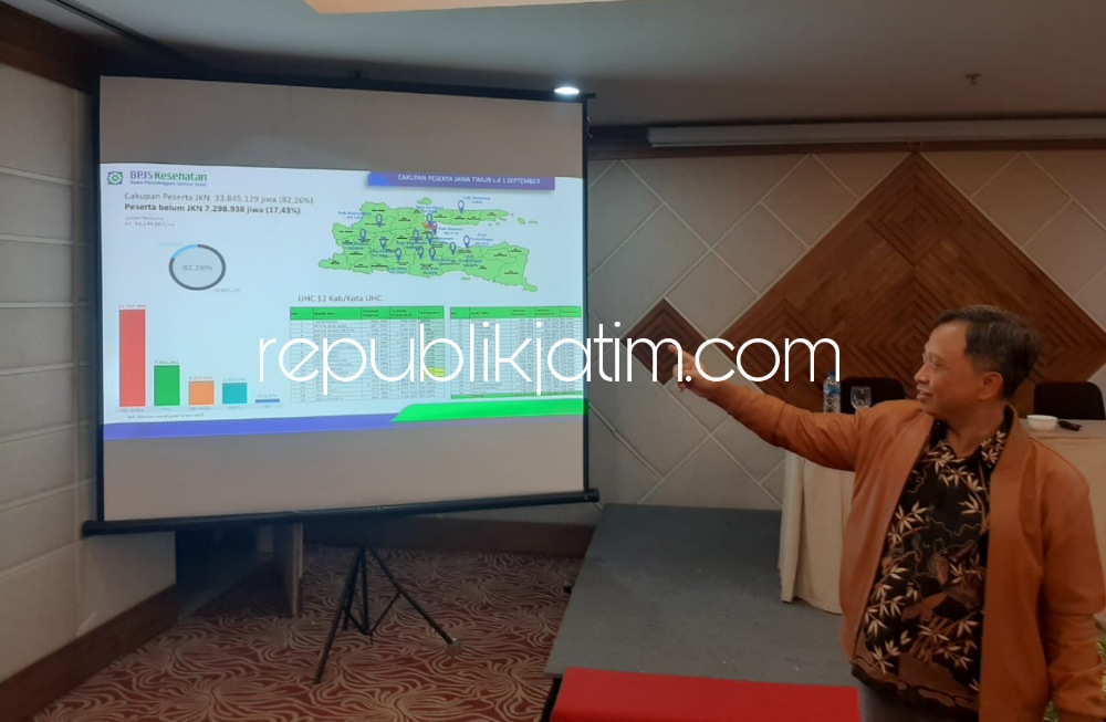 MEDIA GATHERING - Deputi Direksi Wilayah BPJS Kesehatan Jatim dr I Made Puja Yasa menggandeng Ketua Komisi Informasi Jawa timur Imadoeddin bersama para Insan Pers Jawa Timur di acara Media Gathering di Hotel Santika Gubeng, Surabaya, Senin (26/09/2022).