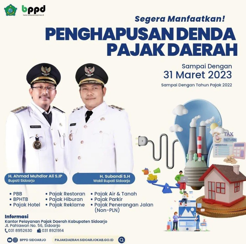 BEBAS DENDA - Inilah daftar 9 Denda Pajak Daerah yang dibebaskan Badan Pelayanan Pajak Daerah (BPPD) Pemkab Sidoarjo hingga 5 bulan ke depan, Rabu (16/11/2022). 