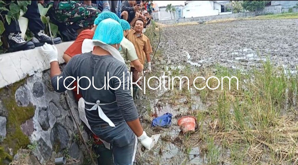 EVAKUASI - Petani pembajak sawah menemukan bayi laki-laki dalam kondisi meninggal dunia di area persawahan JL Raya Pasar Desa Siwalanpanji, Kecamatan Buduran, Sidoarjo dievakuasi petugas, Senin (02/01/2023).