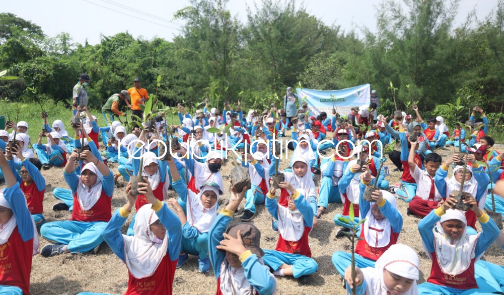 TANAM - Para siswa dan siswi kelas IV SD Al Muslim, Waru, Sidoarjo ramai-ramai menanam pohon mangrove di pesisir pantai Ekowisata Mangrove Wonorejo Surabaya, Senin (09/01/2023).