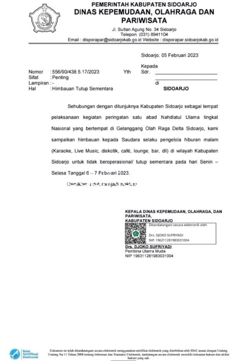 Bentuk Surat Edaran (SE) Disporapar Pemkab Sidoarjo soal penutupan hiburan malam
