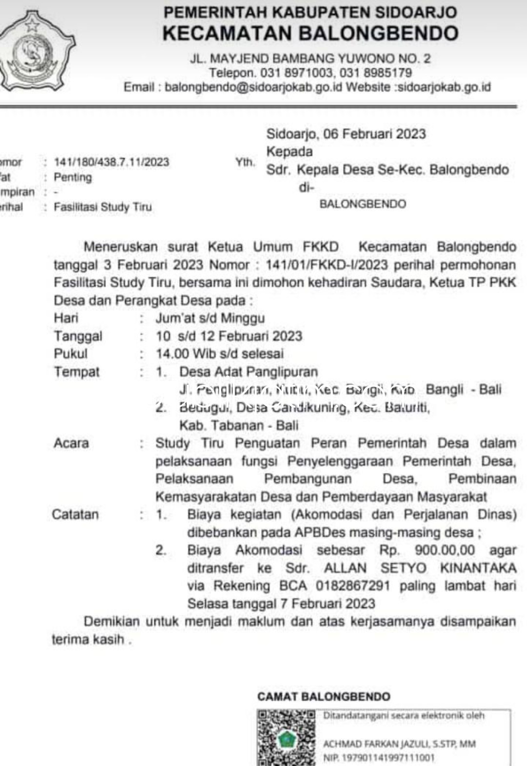 SURAT - Surat Edaran (SE) studi tiru yang dikeluarkan Camat Balongbendo, Achmad Farkan Jazuli untuk 20 kepala desa se Kecamatan Balongbendo soal studi tiru ke Bali mulai tanggal 10 sampai 12 Pebruari 2023 besok. 